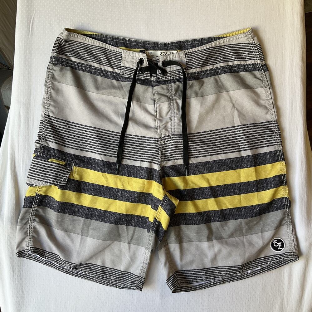 Ezekiel Men Swimming Trunks 32 Gray Striped Bermuda Board Shorts Logo 8" Inseam